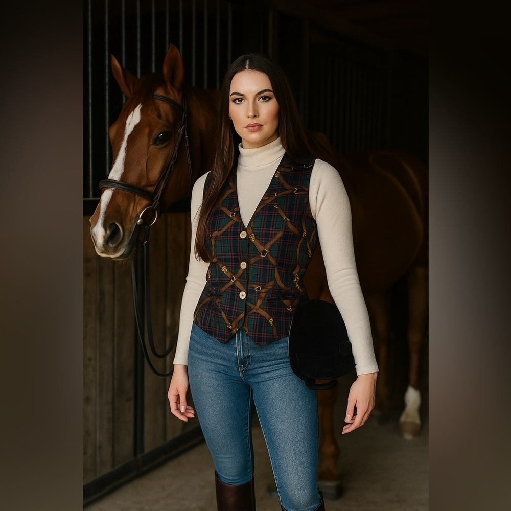 Vintage Jones New York Sport Plaid Vest Brit Bridle SZ Medium Equestrian EUC